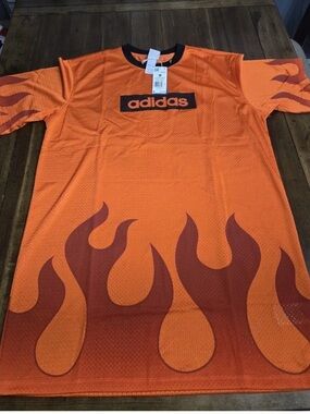 adidas Orange Mesh Tee with Flame Graphic and Black Logo